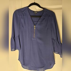 Express navy blue sheer chiffon v-neck blouse with tiered bell sleeves
